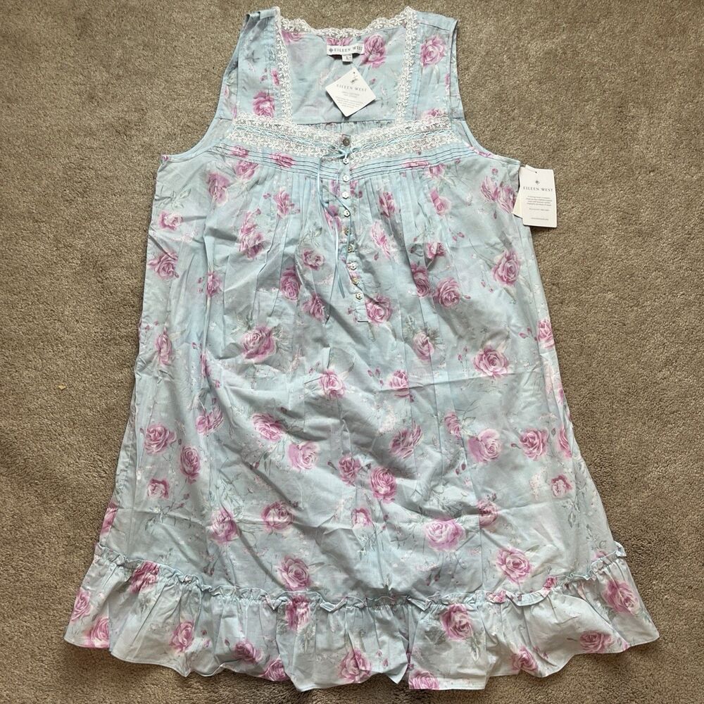 Eileen West Nightgown Large Floral Lace Square Neck Blue Cottage Core Romantic